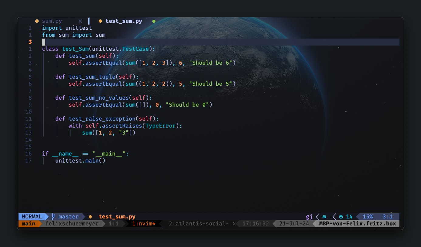 Auf dem Bild ist mein aktuelles Neovim Setup zu sehen, mit mehren offenen File Buffern.