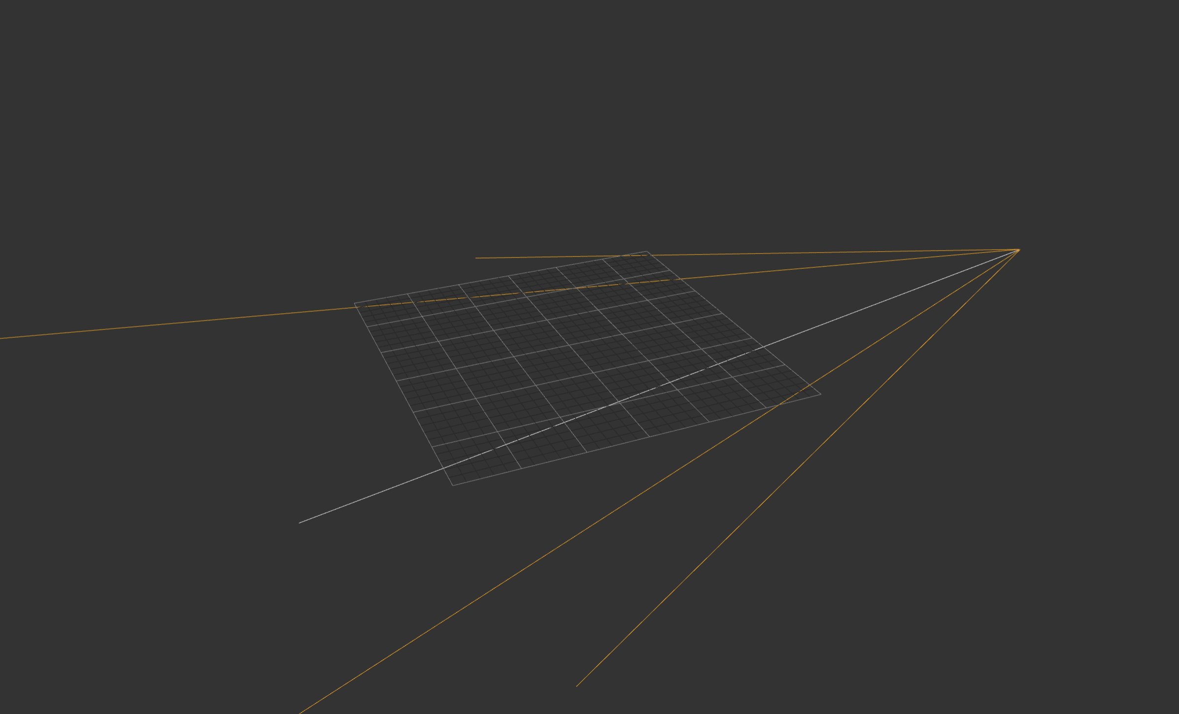 Eine Kamera in der 3D Welt: Der weiße Strahl ist das Zentrum des Blickfeldes, die orangenen Linien zeigen die 4 Ecken.