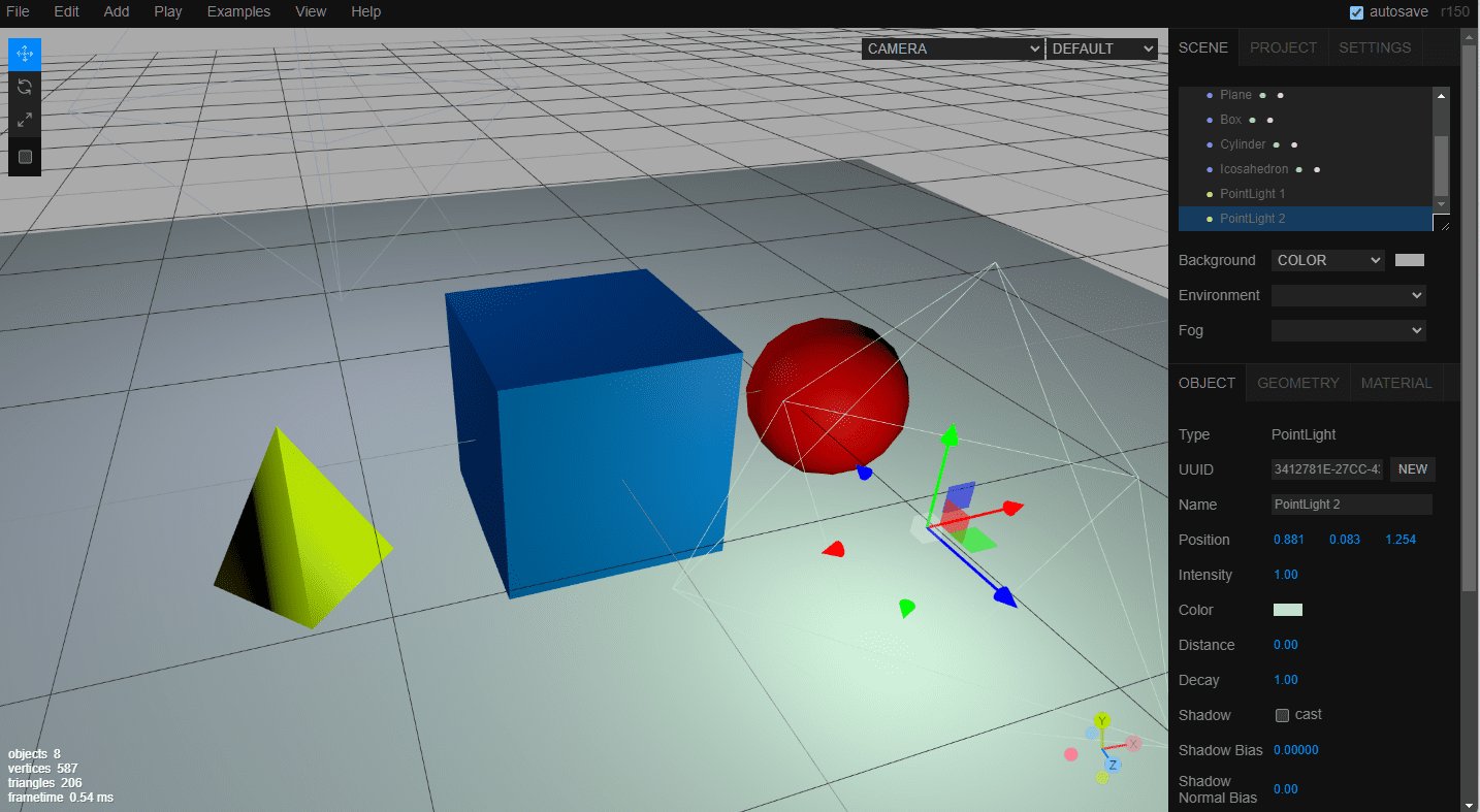Ein 3D Viewer von three.js mit einer Pyramide, Würfel und Kugel