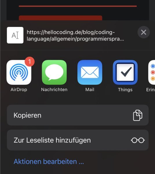 Ansicht des Interfaces zum Teilen unter iOS