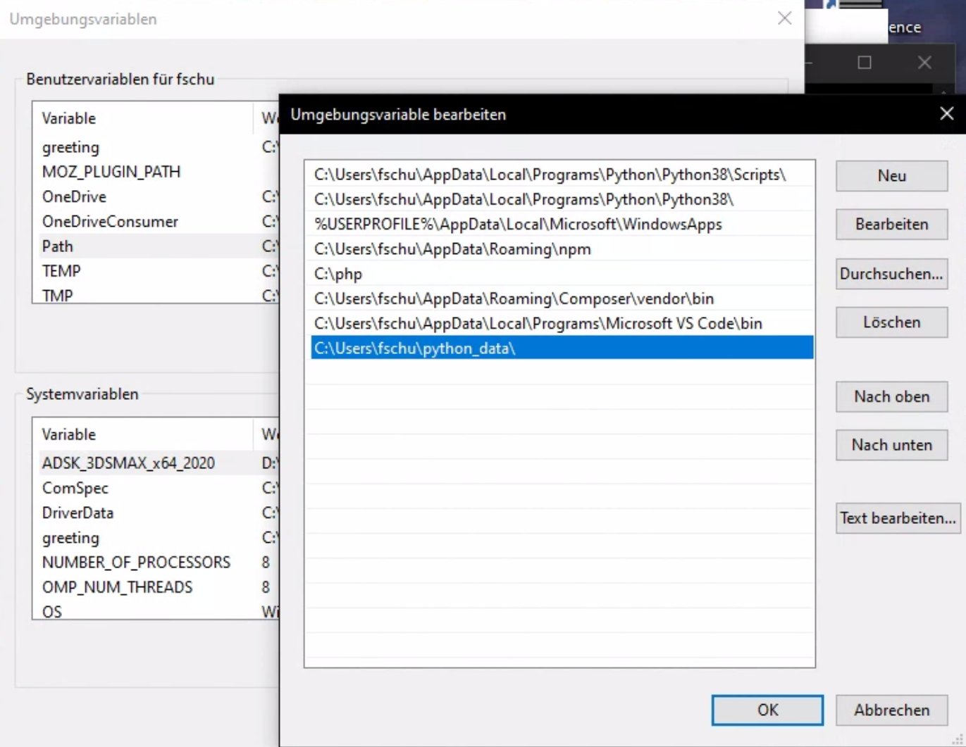 Auf dem Bild ist das Windows Interface zu sehen, wo du die Umgebungsvariablen bearbeiten kannst. 