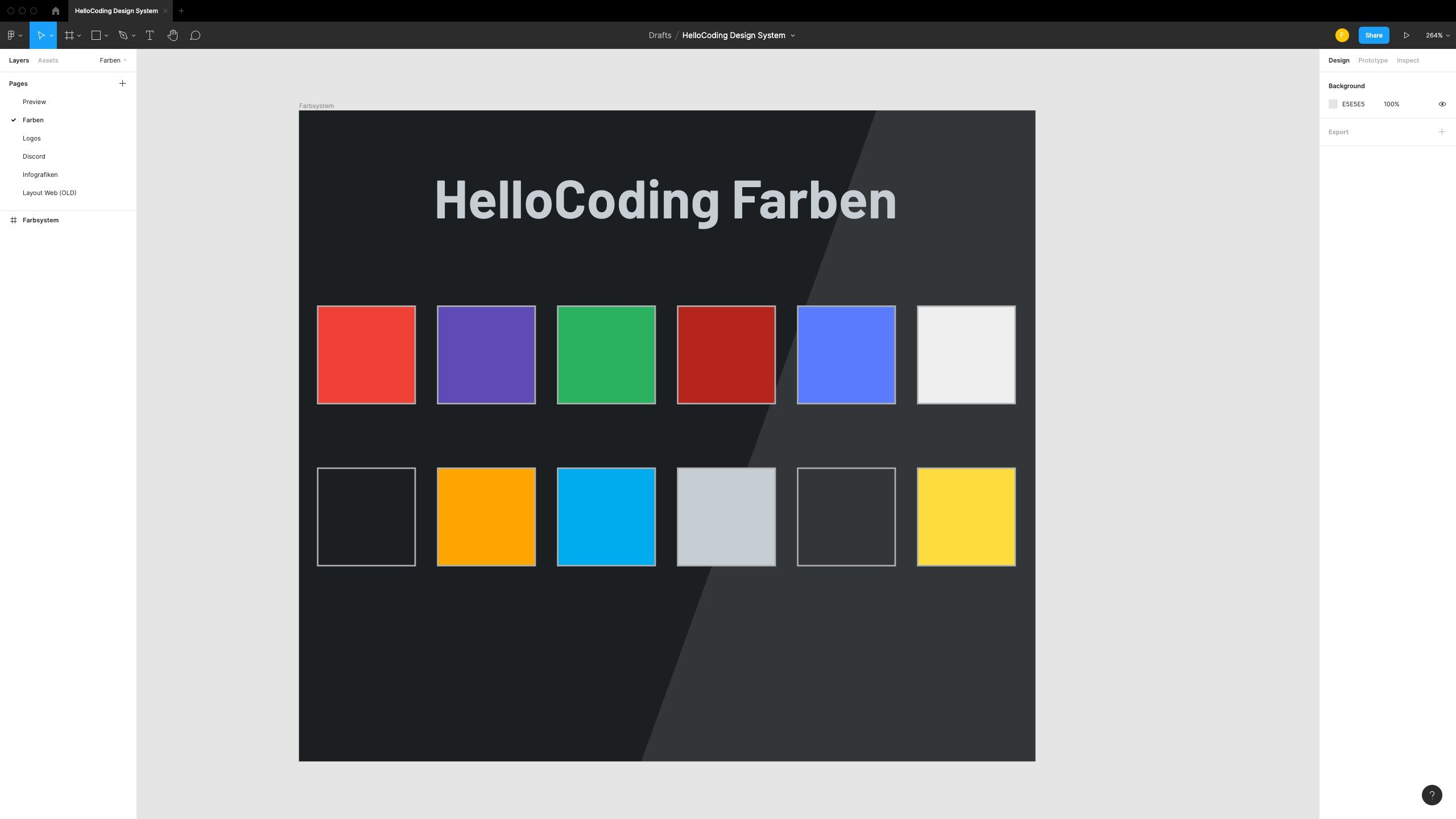 Es ist eine Ansicht von dem Grafiktool Figma zu sehen, mit der Farbpalette von HelloCoding. Am linken Rand kann noch auf die verschiedenen Seiten mit Logos, Farben, Webseiten Layout zugegriffen werden.